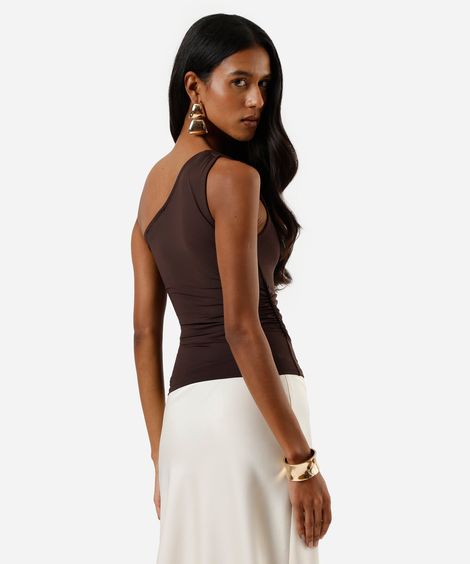 regata ombro único feminina franzida com nó na alça marrom