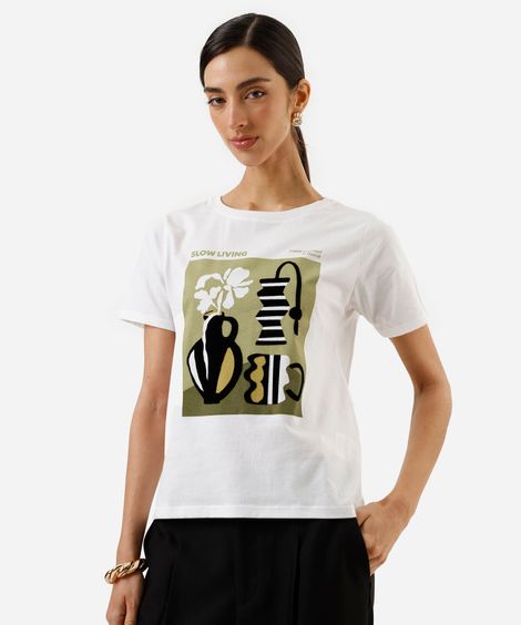 camiseta feminina de algodão estampada off white