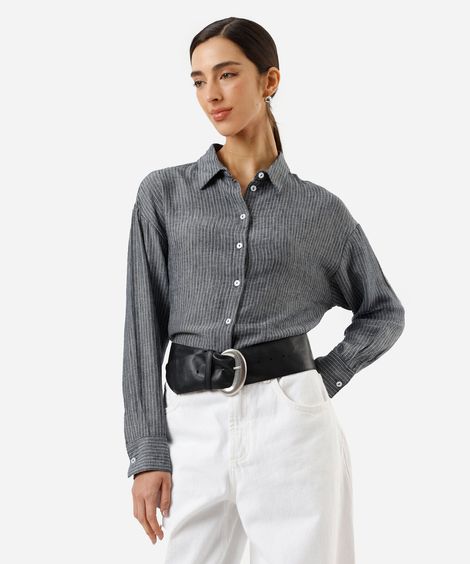 camisa feminina com linho manga longa listrada azul