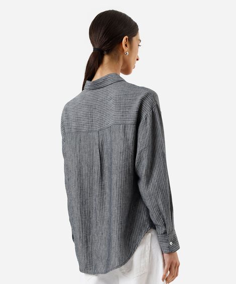 camisa feminina com linho manga longa listrada azul