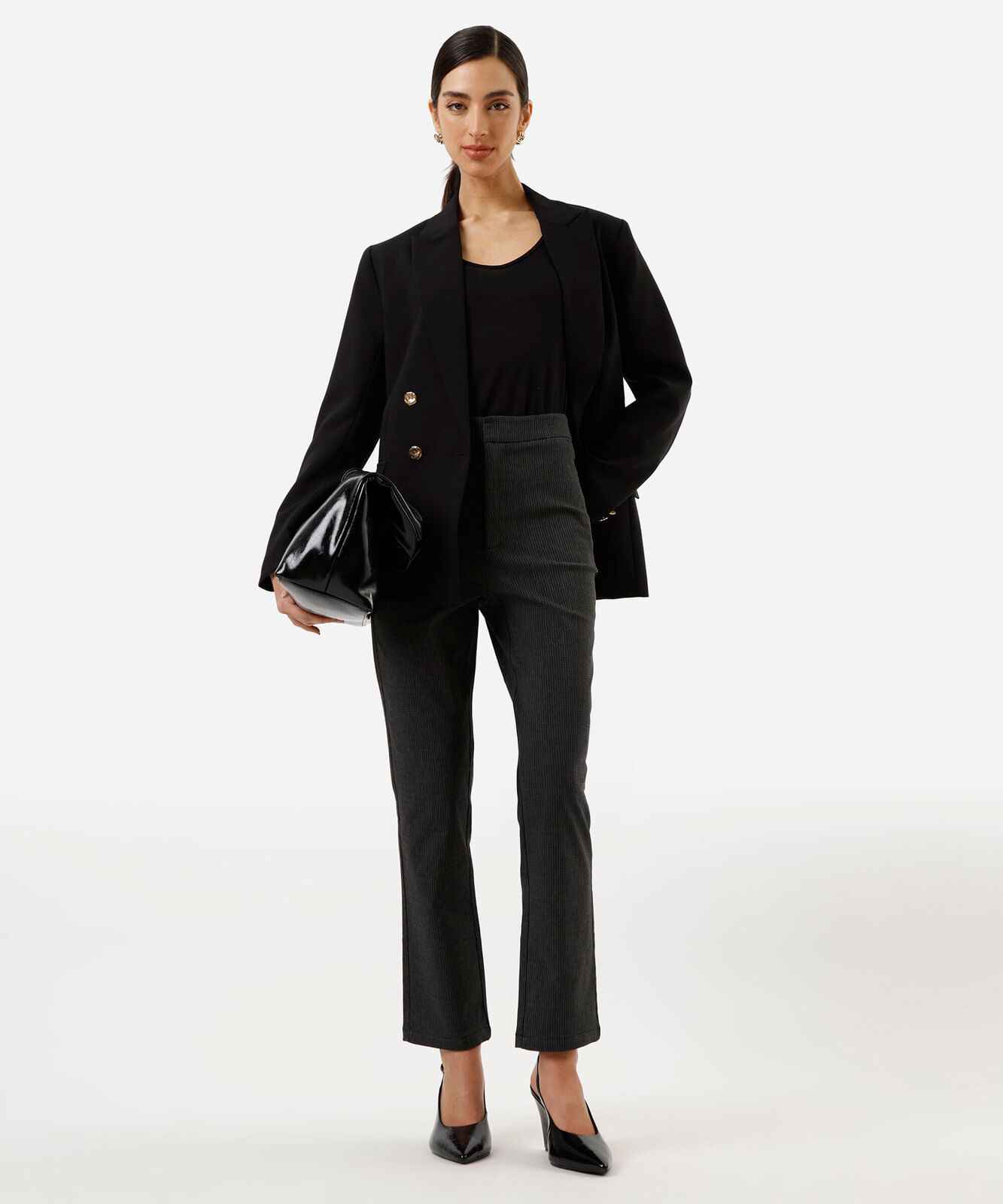 calça skinny de alfaiataria feminina xadrez preta