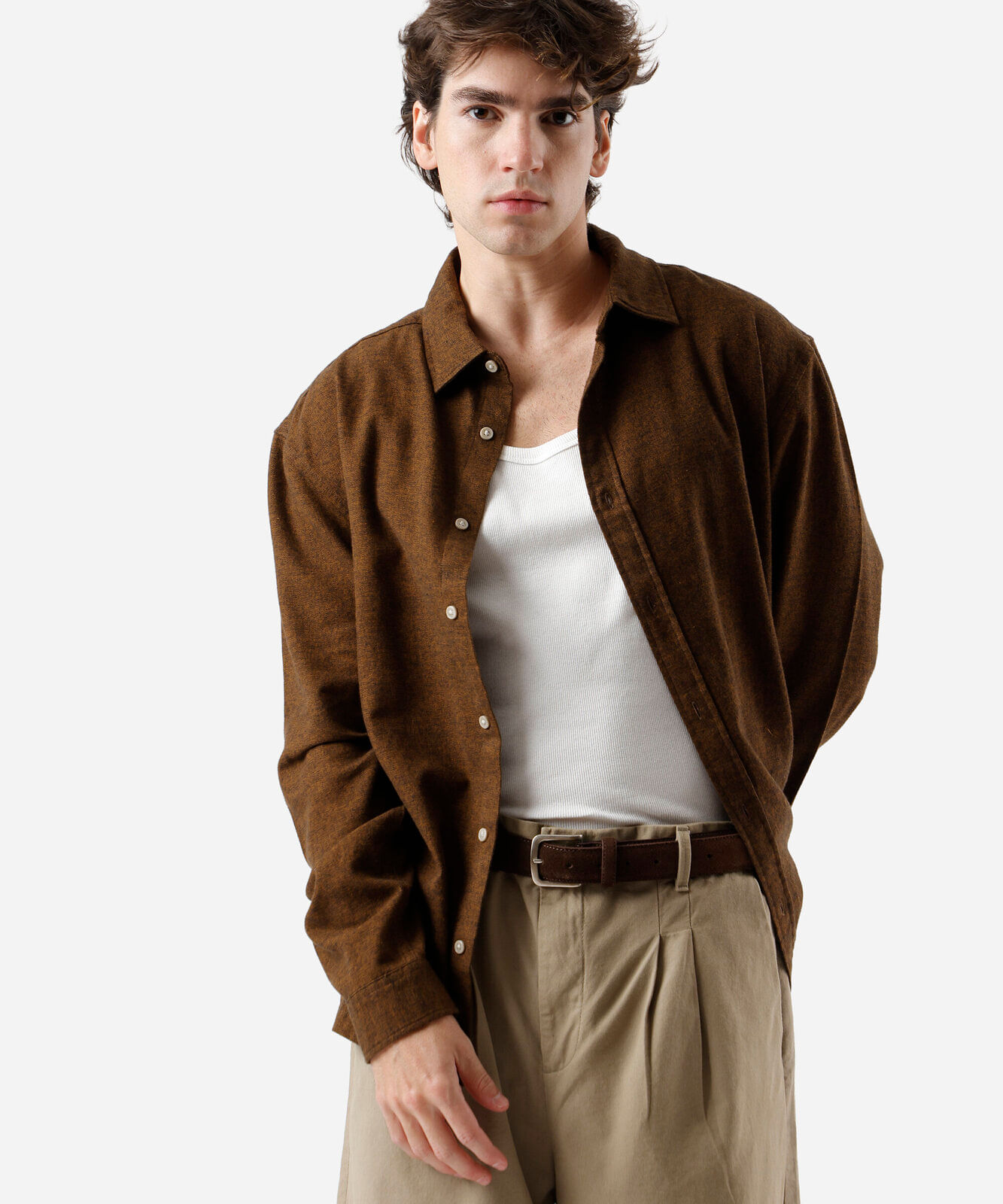 camisa masculina de algodão manga longa marrom