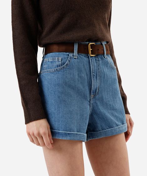 short mom feminino jeans cintura alta listrado azul