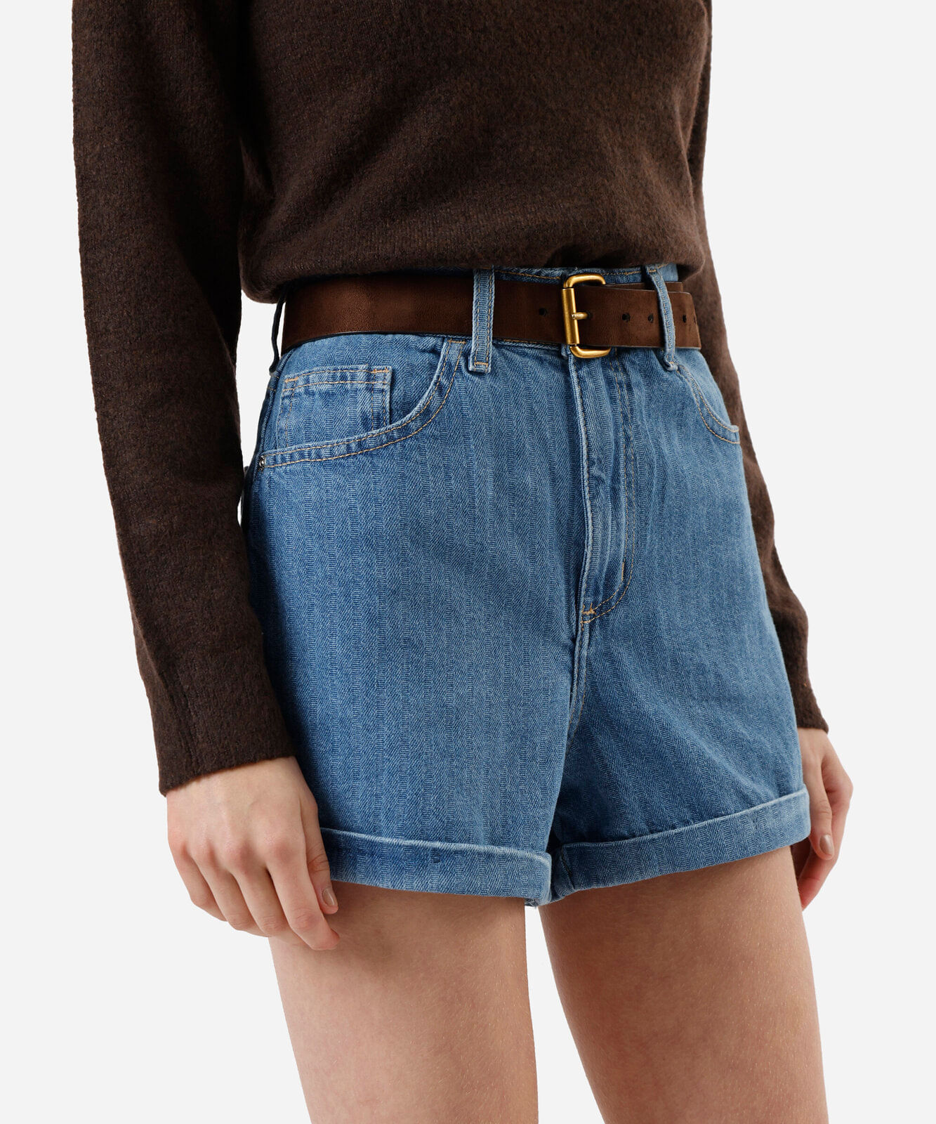 short mom feminino jeans cintura alta listrado azul