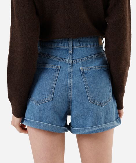 short mom feminino jeans cintura alta listrado azul