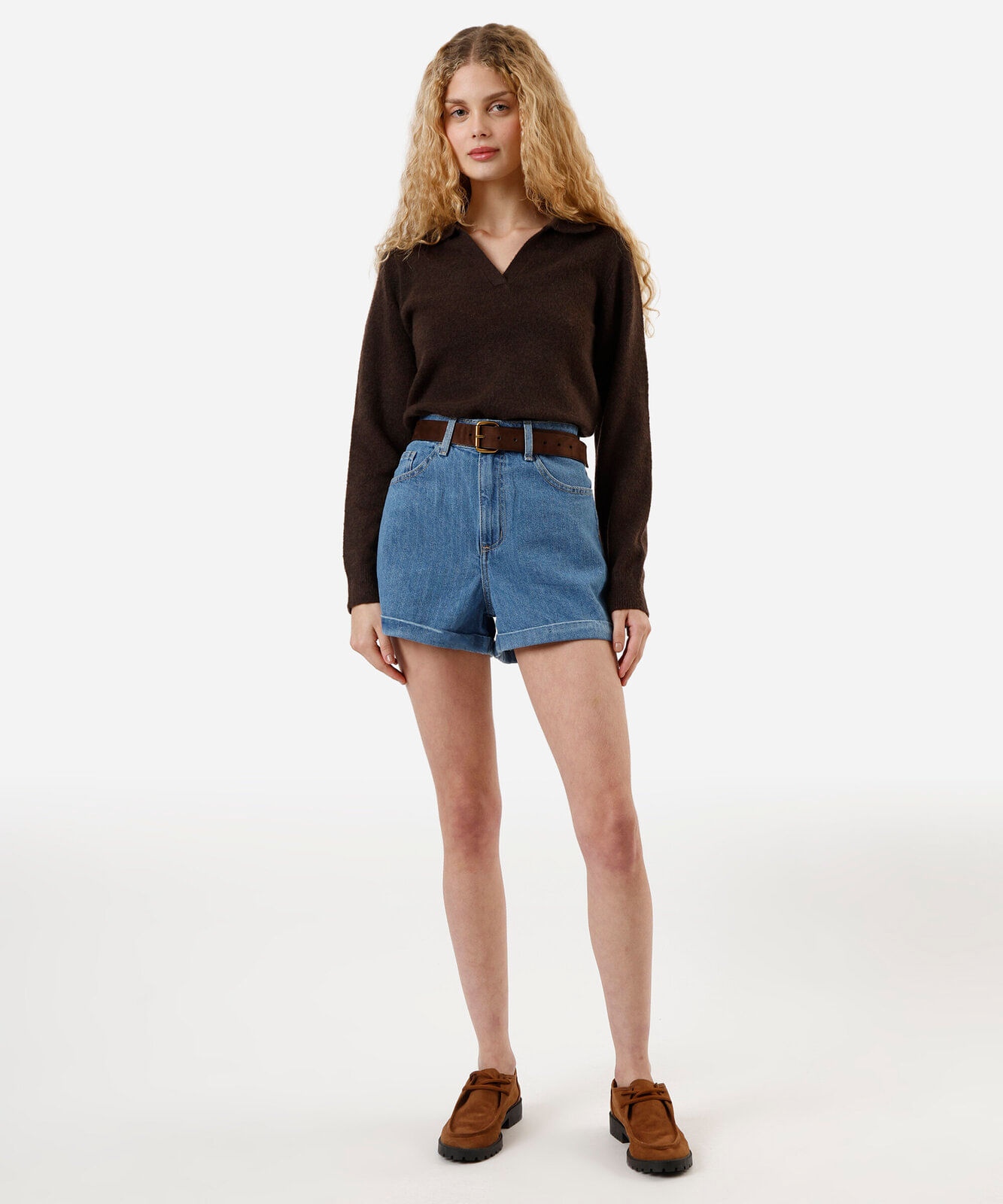 short mom feminino jeans cintura alta listrado azul