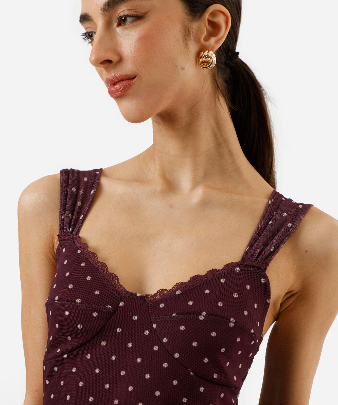 vestido midi feminino de tule poá vinho