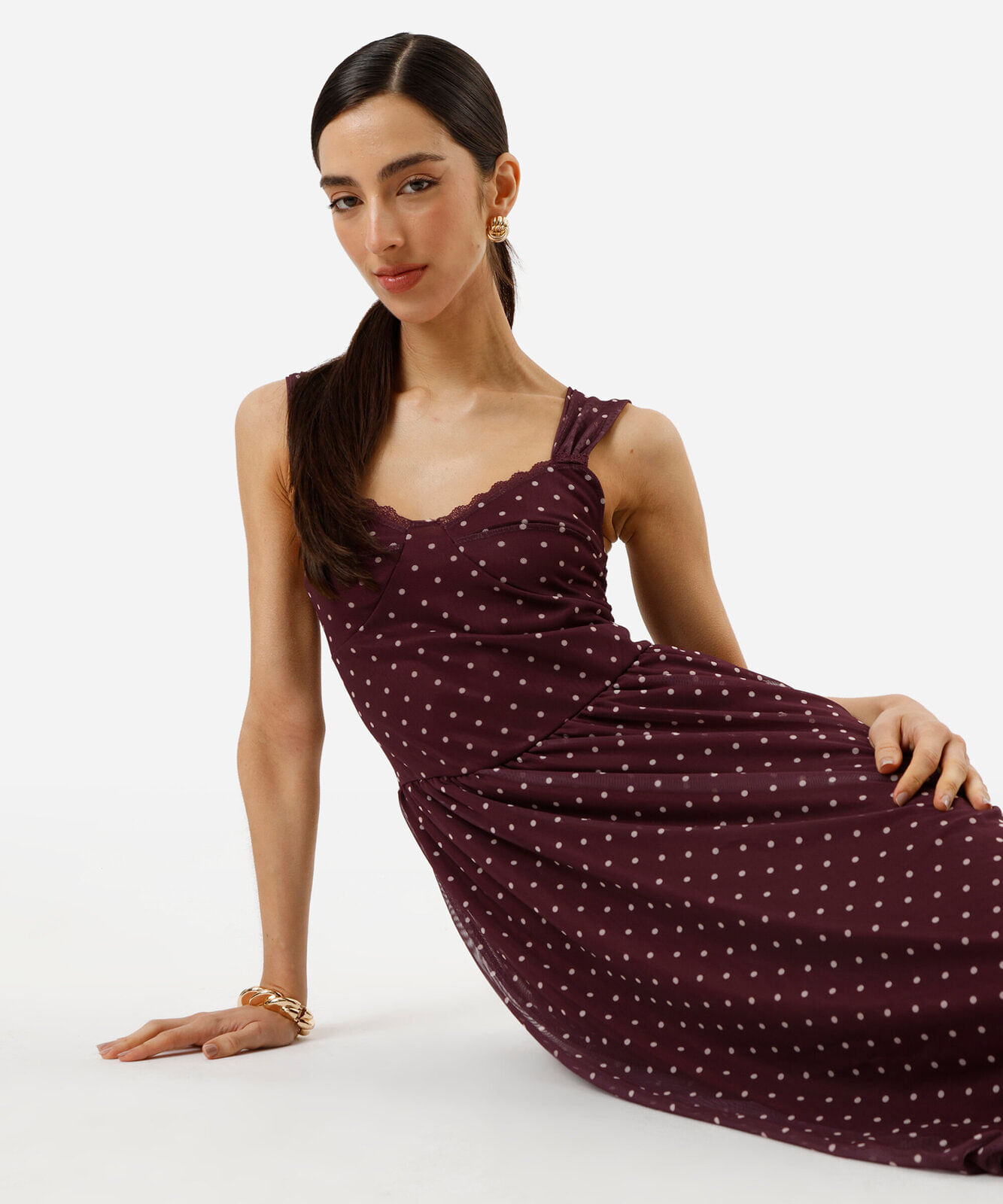 vestido midi feminino de tule poá vinho