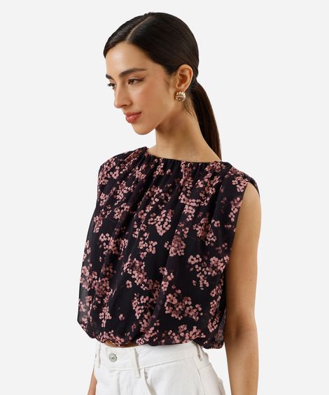 blusa balonê feminina franzida floral roxa