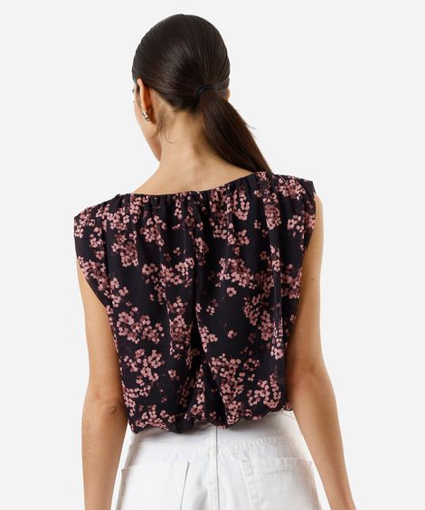 blusa balonê feminina franzida floral roxa