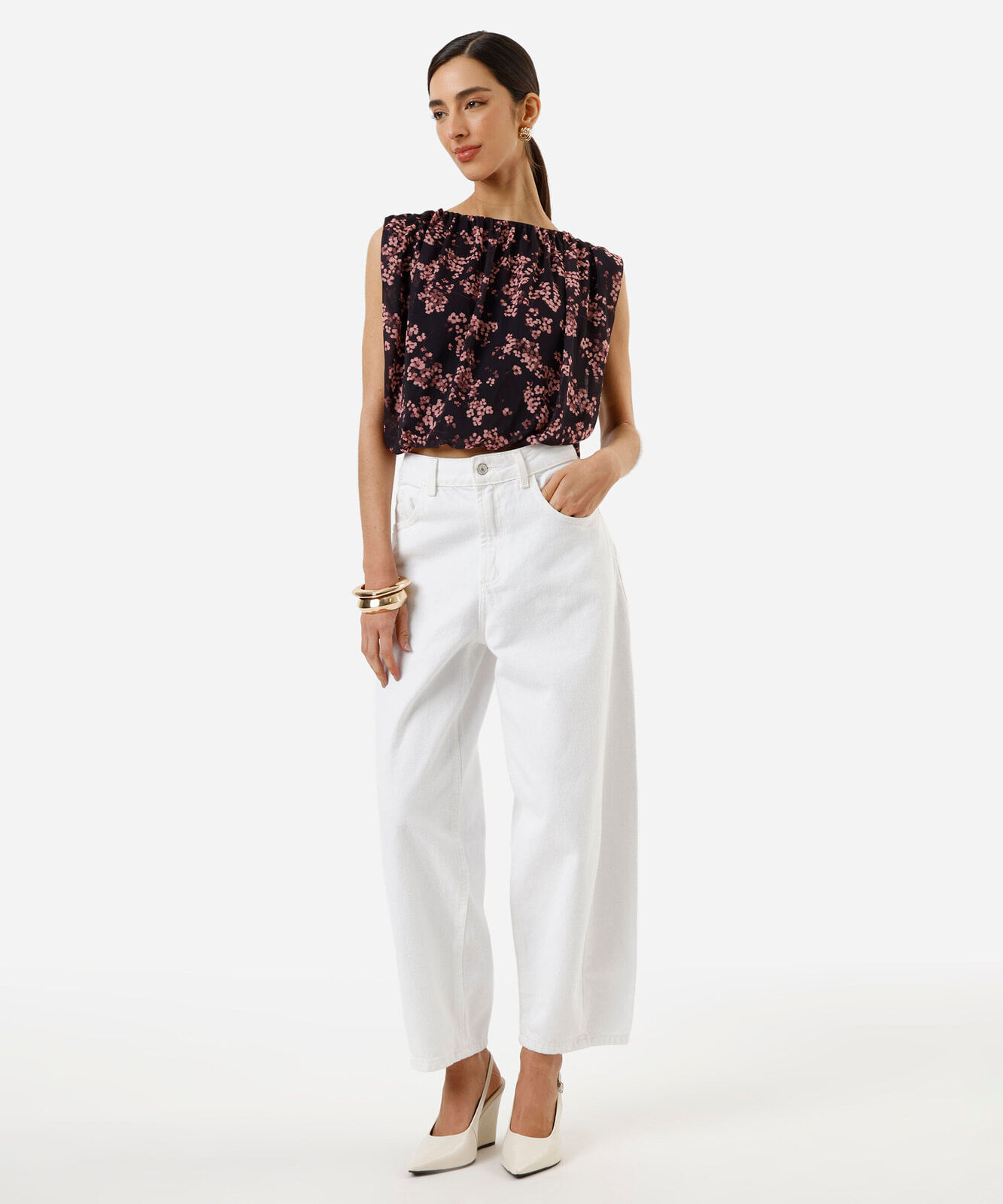 blusa balonê feminina franzida floral roxa