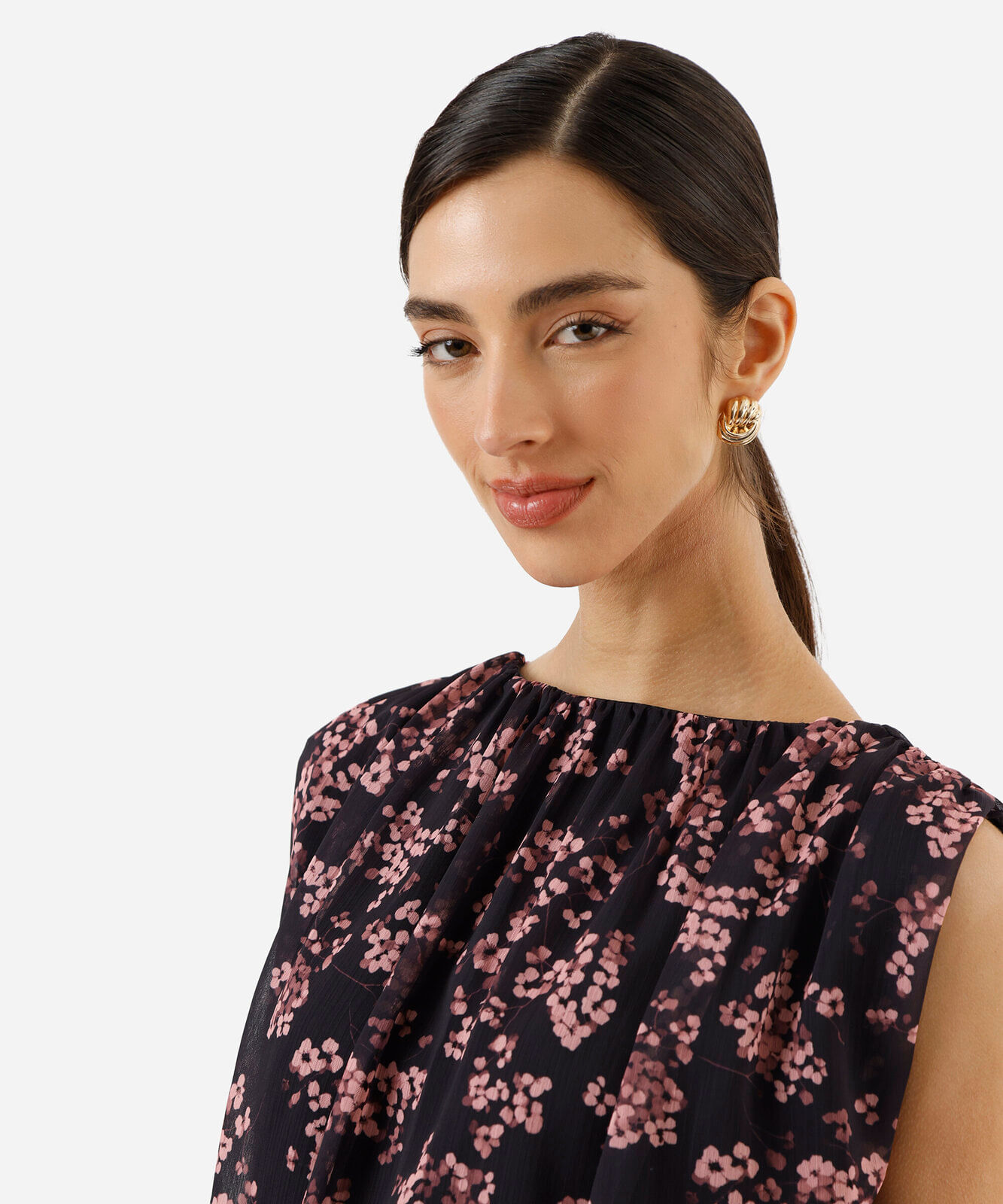 blusa balonê feminina franzida floral roxa