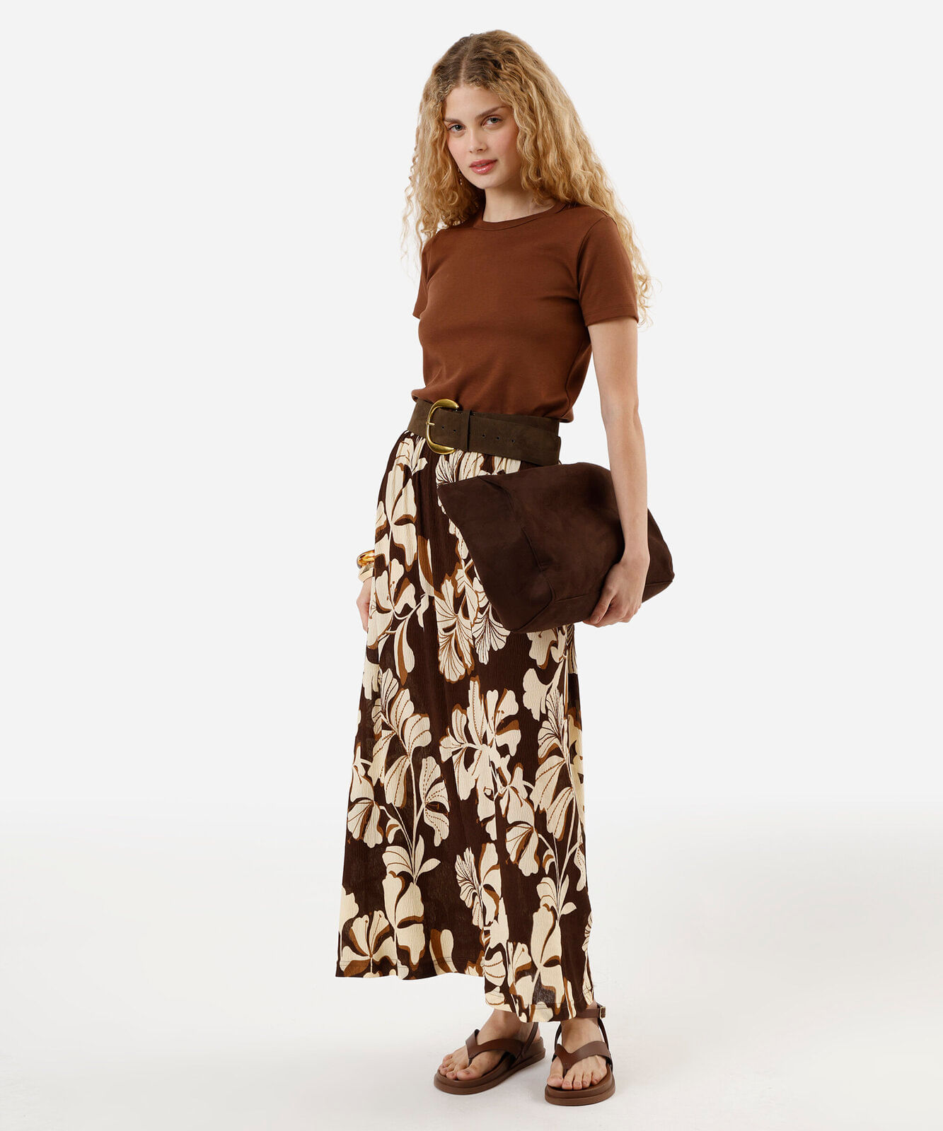 saia feminina plissada floral marrom