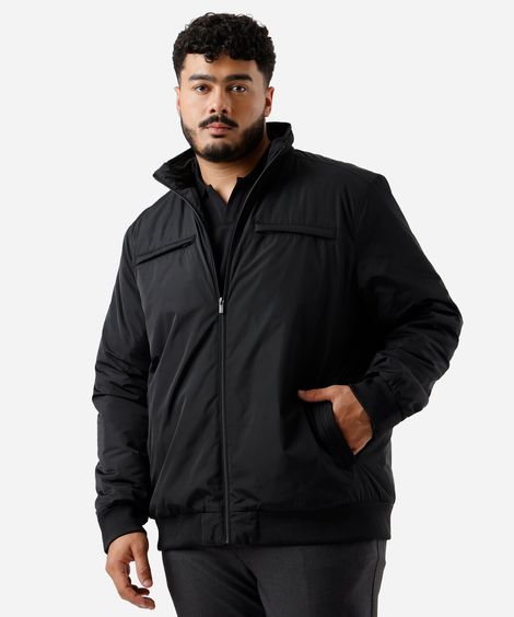 jaqueta de nylon plus size básica com zíper preto