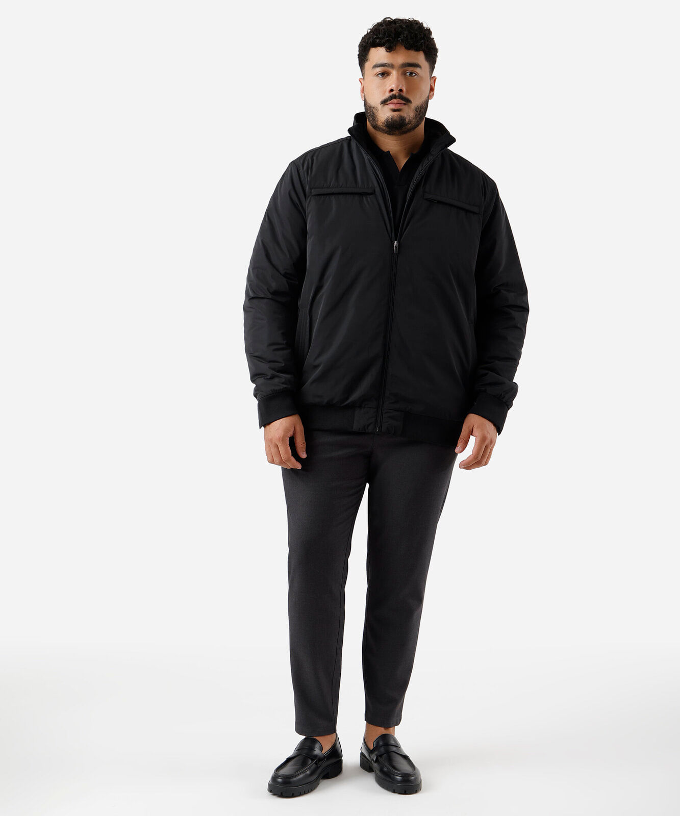 jaqueta de nylon plus size básica com zíper preto