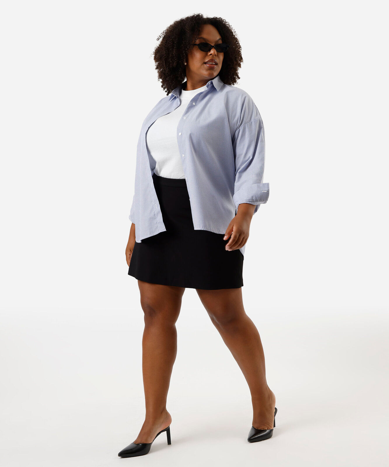 camisa feminina manga longa listrada plus size azul