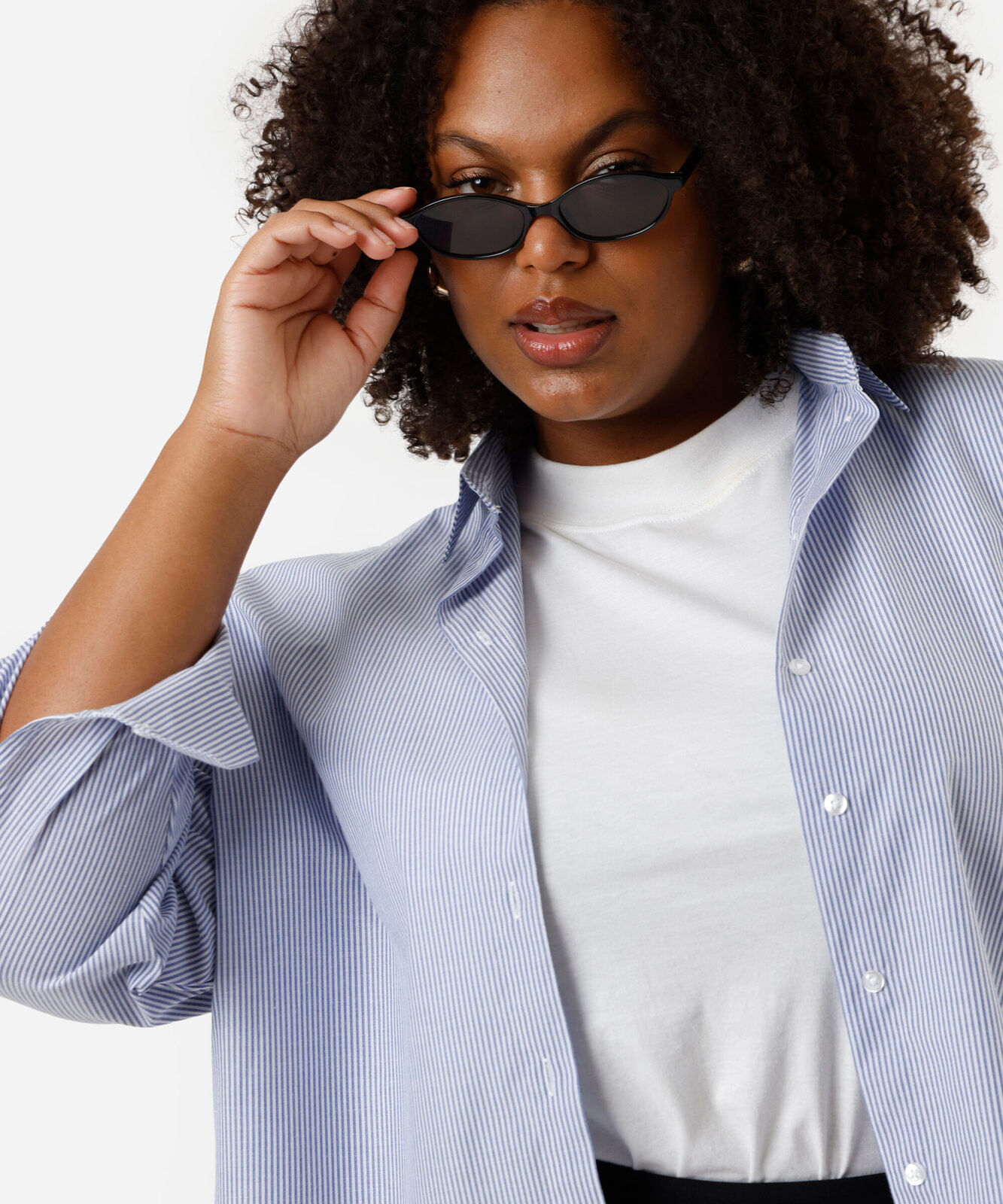 camisa feminina manga longa listrada plus size azul