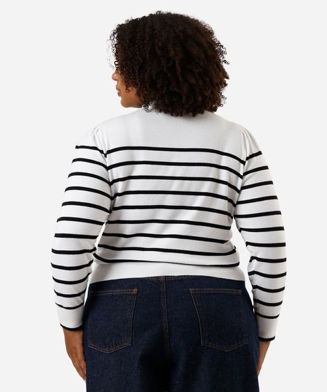 suéter de tricot manga bufante listrada plus size off white