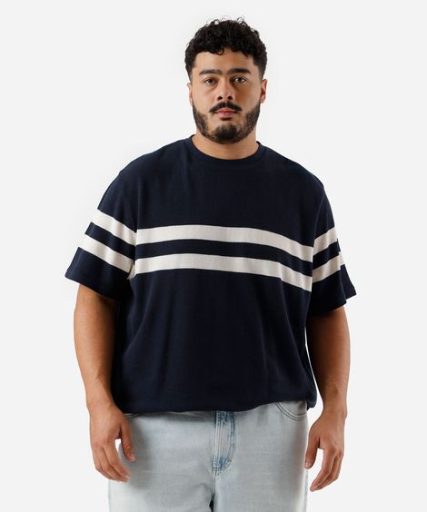 camiseta masculina de algodão listrada texturizada plus size azul