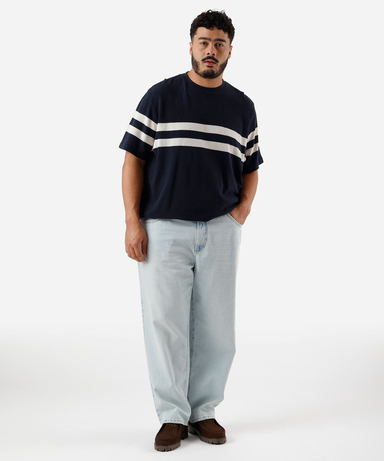 camiseta masculina de algodão listrada texturizada plus size azul