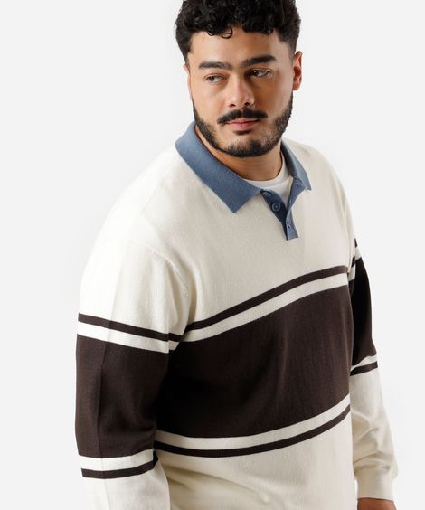 polo masculina de tricot listrada plus size off white