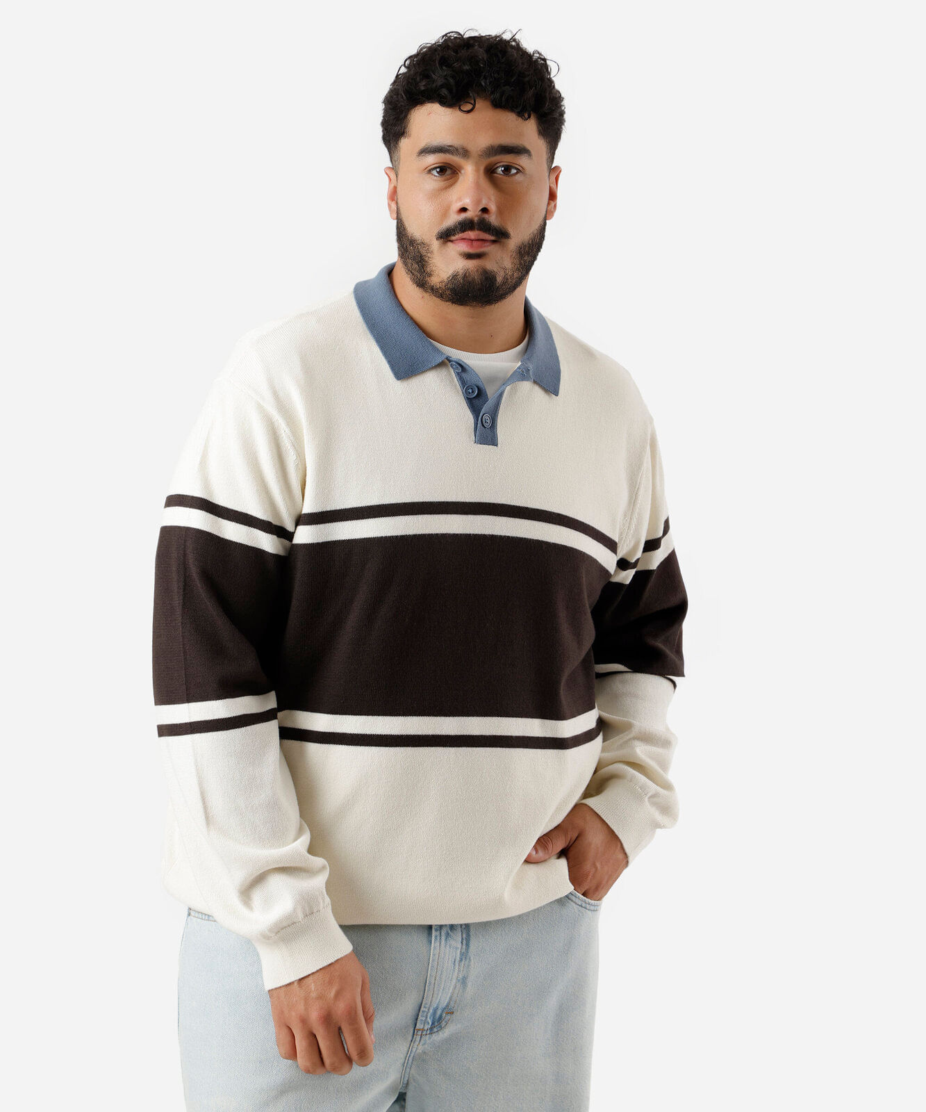 polo masculina de tricot listrada plus size off white