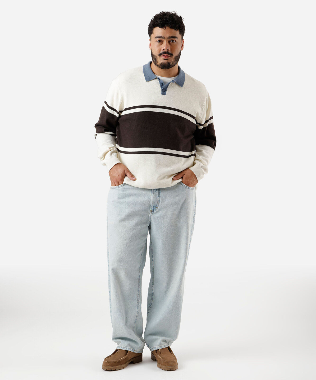 polo masculina de tricot listrada plus size off white