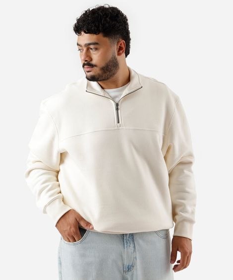 blusão masculino de moletom com recorte e zíper plus size off white