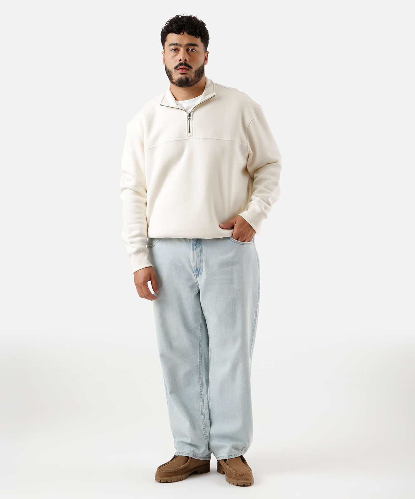blusão masculino de moletom com recorte e zíper plus size off white