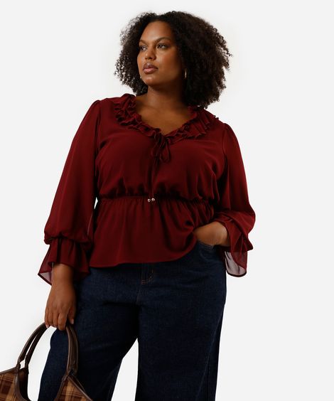 blusa feminina com babados plus size vinho