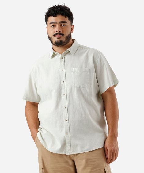 camisa plus size com linho manga curta verde