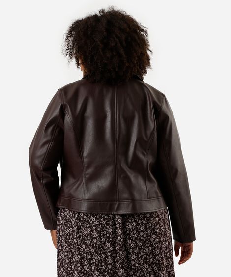 jaqueta biker de pu plus size marrom