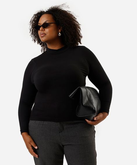 blusa feminina manga longa gola alta plus size preta