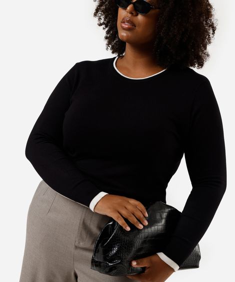 suéter feminino de tricot friso plus size preto