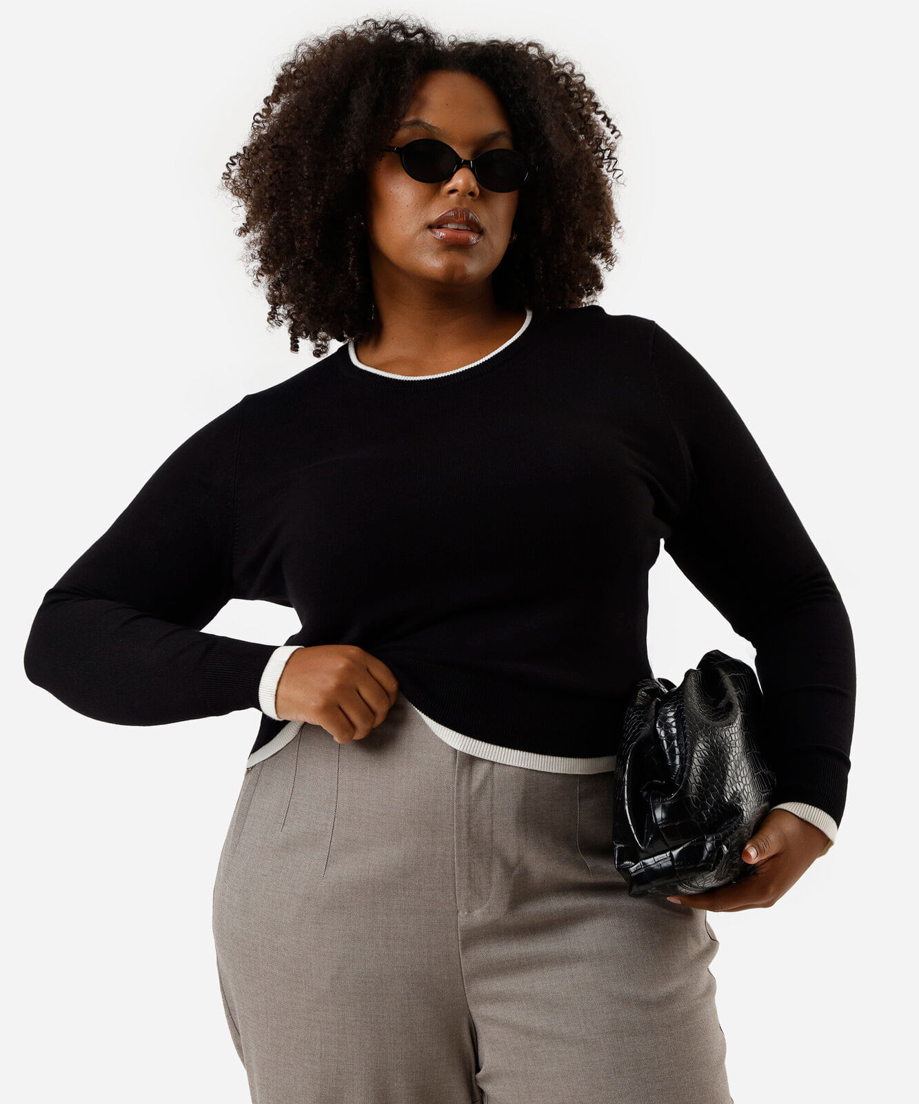 suéter feminino de tricot friso plus size preto
