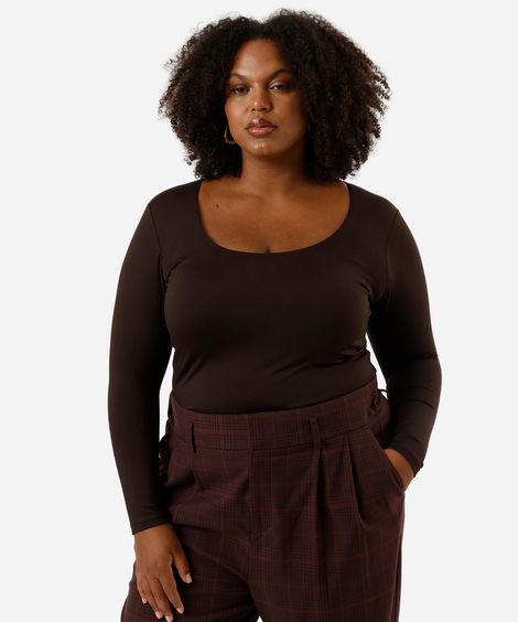blusa manga longa plus size marrom