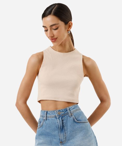 cropped básico feminino de algodão canelado bege