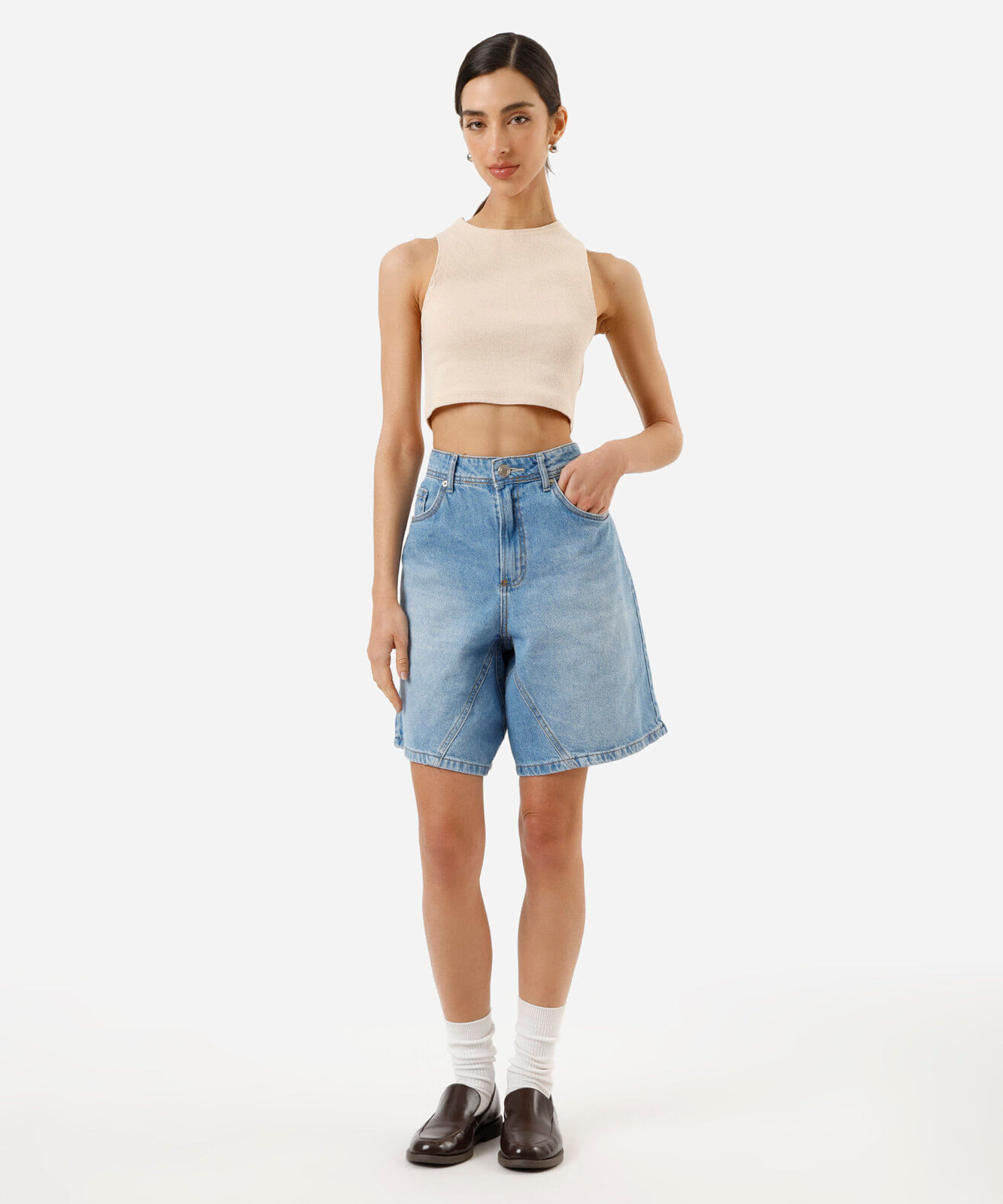 cropped básico feminino de algodão canelado bege