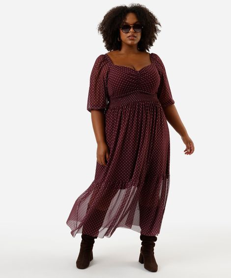 vestido midi feminino de tule com recorte poá plus size vinho