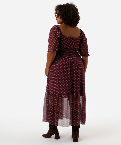 vestido midi feminino de tule com recorte poá plus size vinho