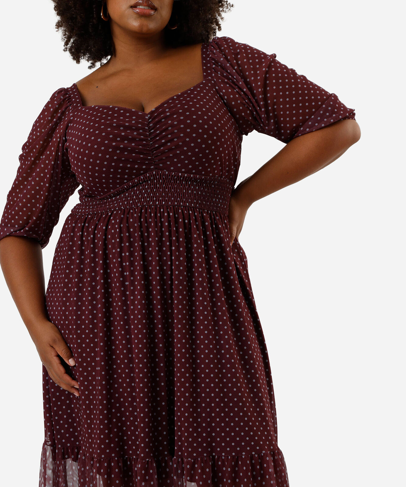 vestido midi feminino de tule com recorte poá plus size vinho