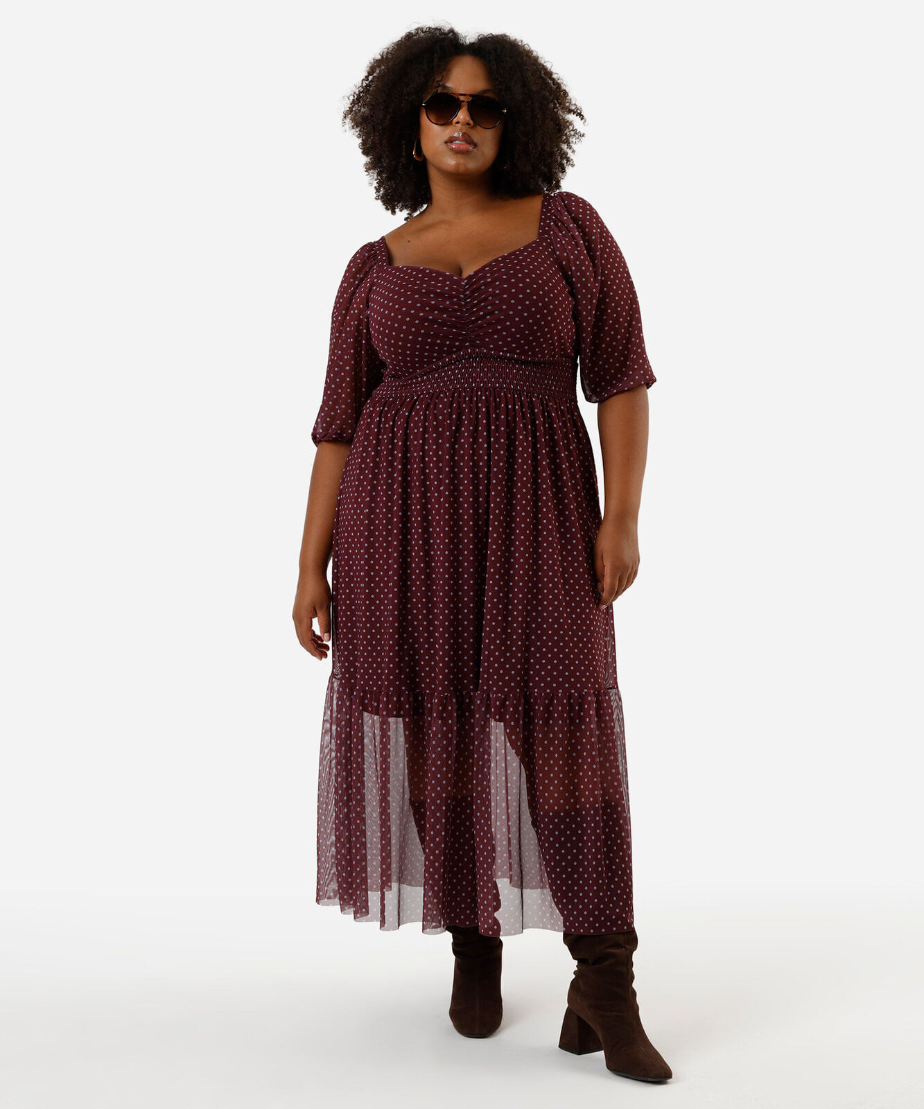 vestido midi feminino de tule com recorte poá plus size vinho