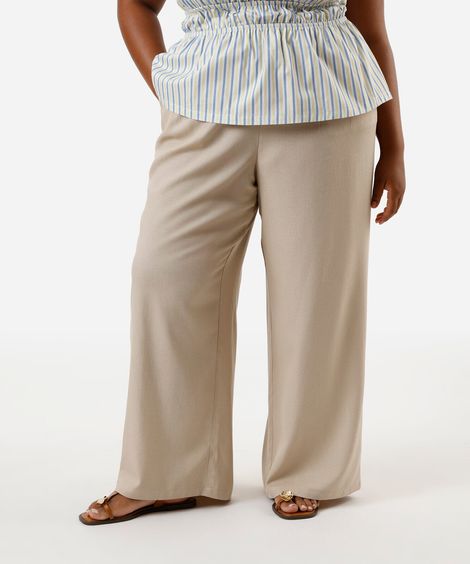 calça wide leg feminina com linho plus size bege