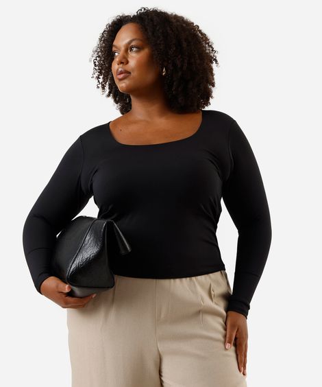 blusa manga longa plus size preta