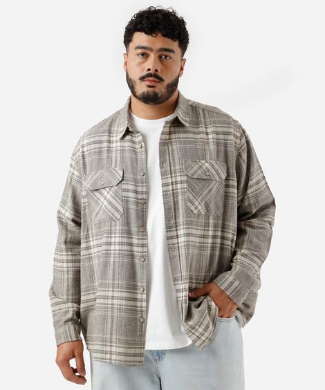 camisa masculina de algodão manga longa xadrez plus size cinza