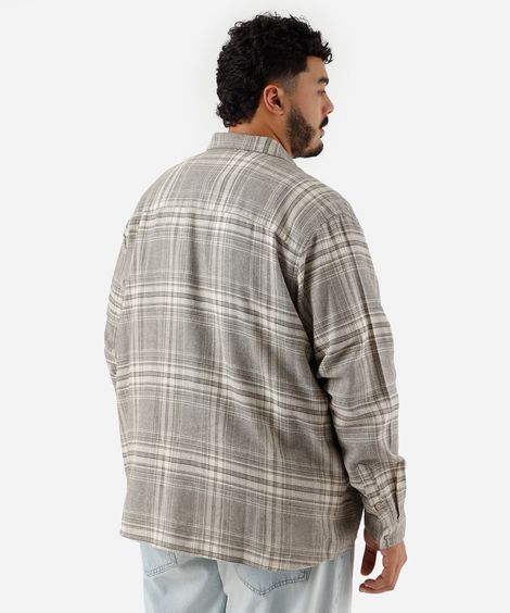 camisa masculina de algodão manga longa xadrez plus size cinza