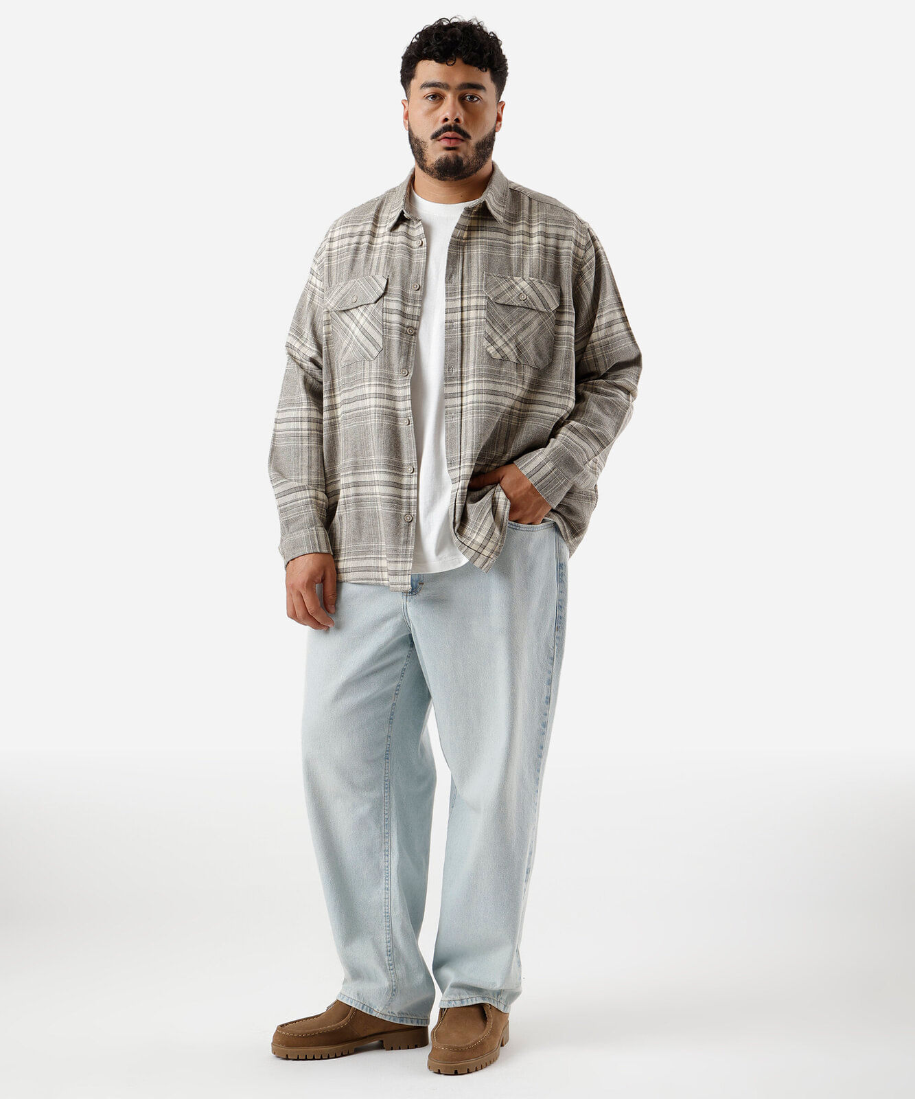 camisa masculina de algodão manga longa xadrez plus size cinza