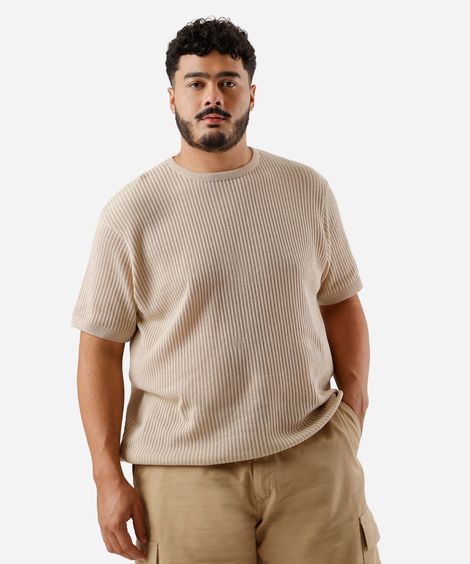 camiseta masculina de tricot texturizada plus size bege