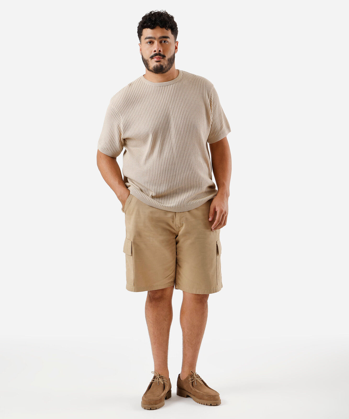 camiseta masculina de tricot texturizada plus size bege
