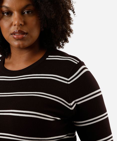 suéter feminino de tricot listrado plus size marrom